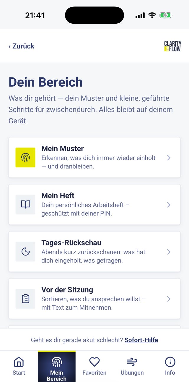 Mein Bereich in der Reflection App mit Mein Muster, Mein Heft, Tages-Rückschau und Vor der Sitzung