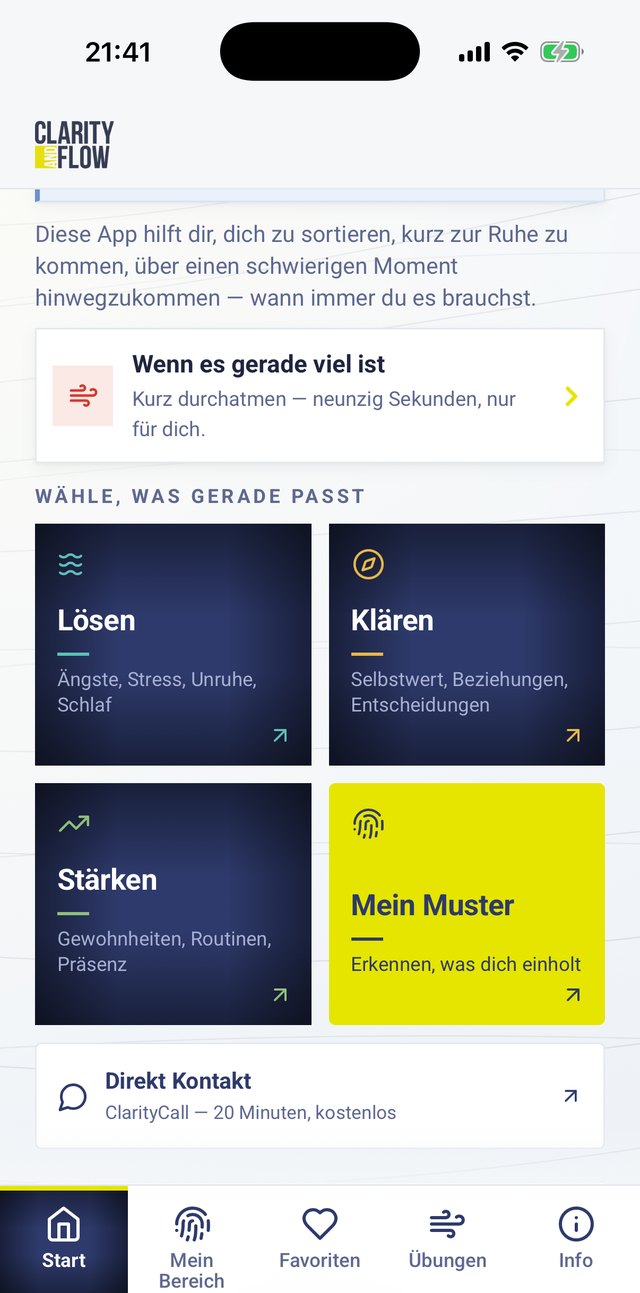 Startseite der Reflection App mit den vier Feldern Lösen, Klären, Stärken und Mein Muster