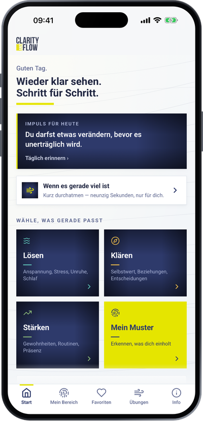 Startseite der Clarity & Flow App auf dem iPhone