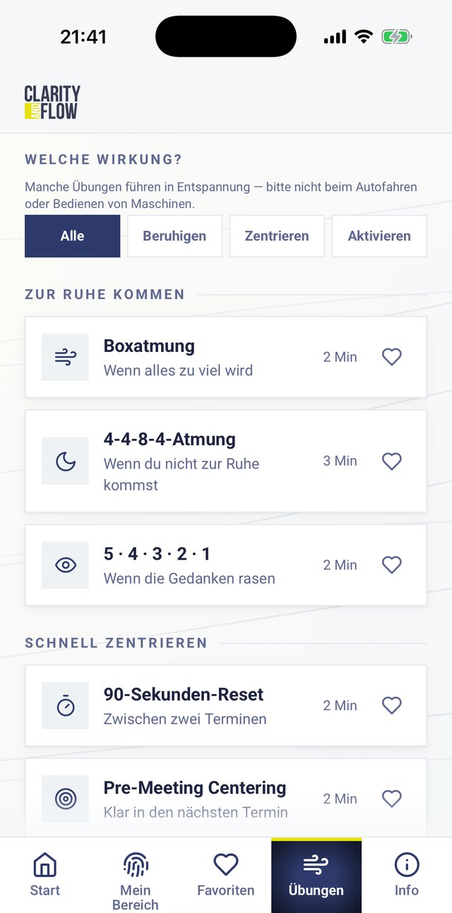 Übungen in der Reflection App, sortiert nach Wirkung: Zur Ruhe kommen und Schnell zentrieren